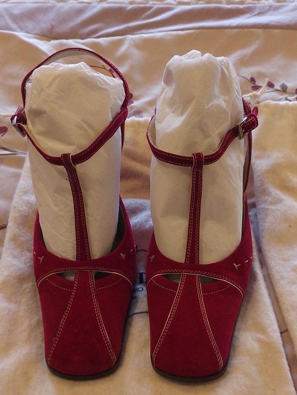 Women's Red T-Strap Suede Heels - Picture 1 of 5